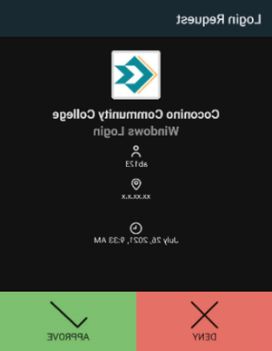 Android Duo app shown with the login attempt. Username, IP address, date shown. Two options Deny or Approve. 